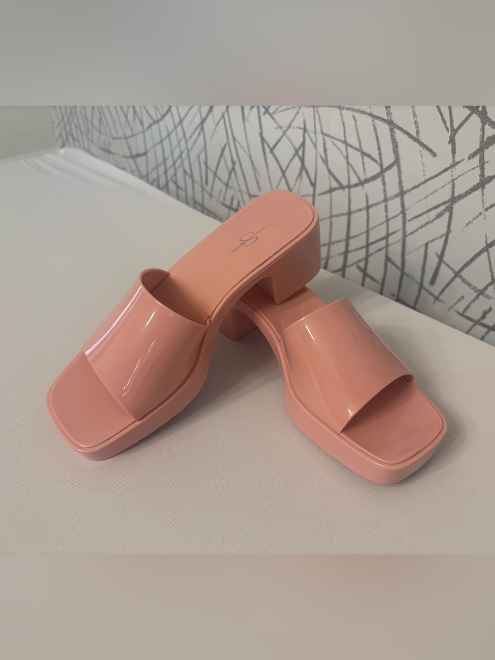 Jessica Simpson Gavena Patent Square Toe Slide Sandal in the color "Powder Puff